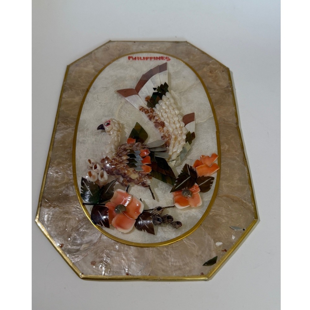 Vintage Philippines 3D Shell Art Bird Floral Plaque Octagon Brass Frame Decor